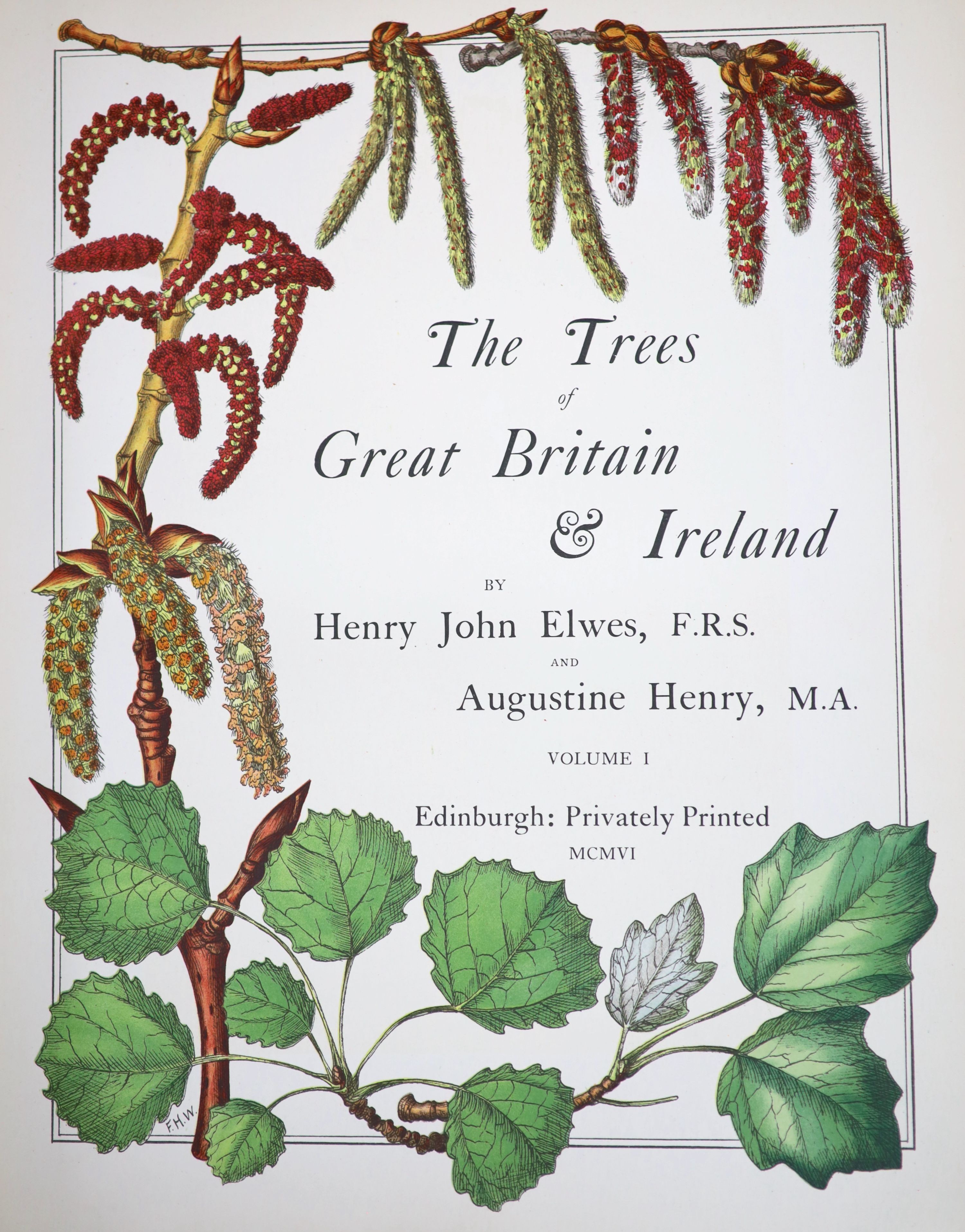 Elwes, Henry John and Henry, Augustine - The Trees of Great Britain and Ireland, 8 vols including index, contemporary green half morocco, spines faded, 7 colour titles, 412 plates, bookplate of Edward Hudson, Lindisfarne